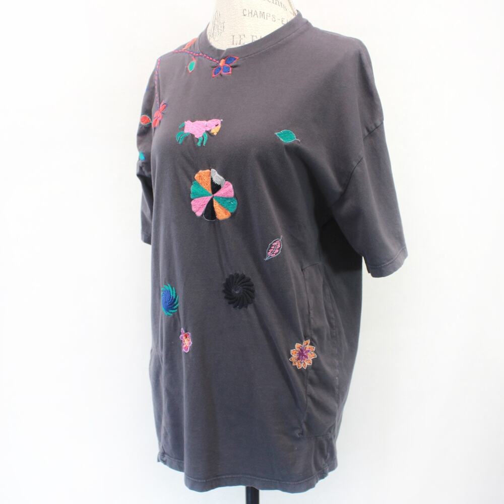 KIMCHI Blue Gray Designer Embroidered Floral Casual Top T-Shirt XS/S